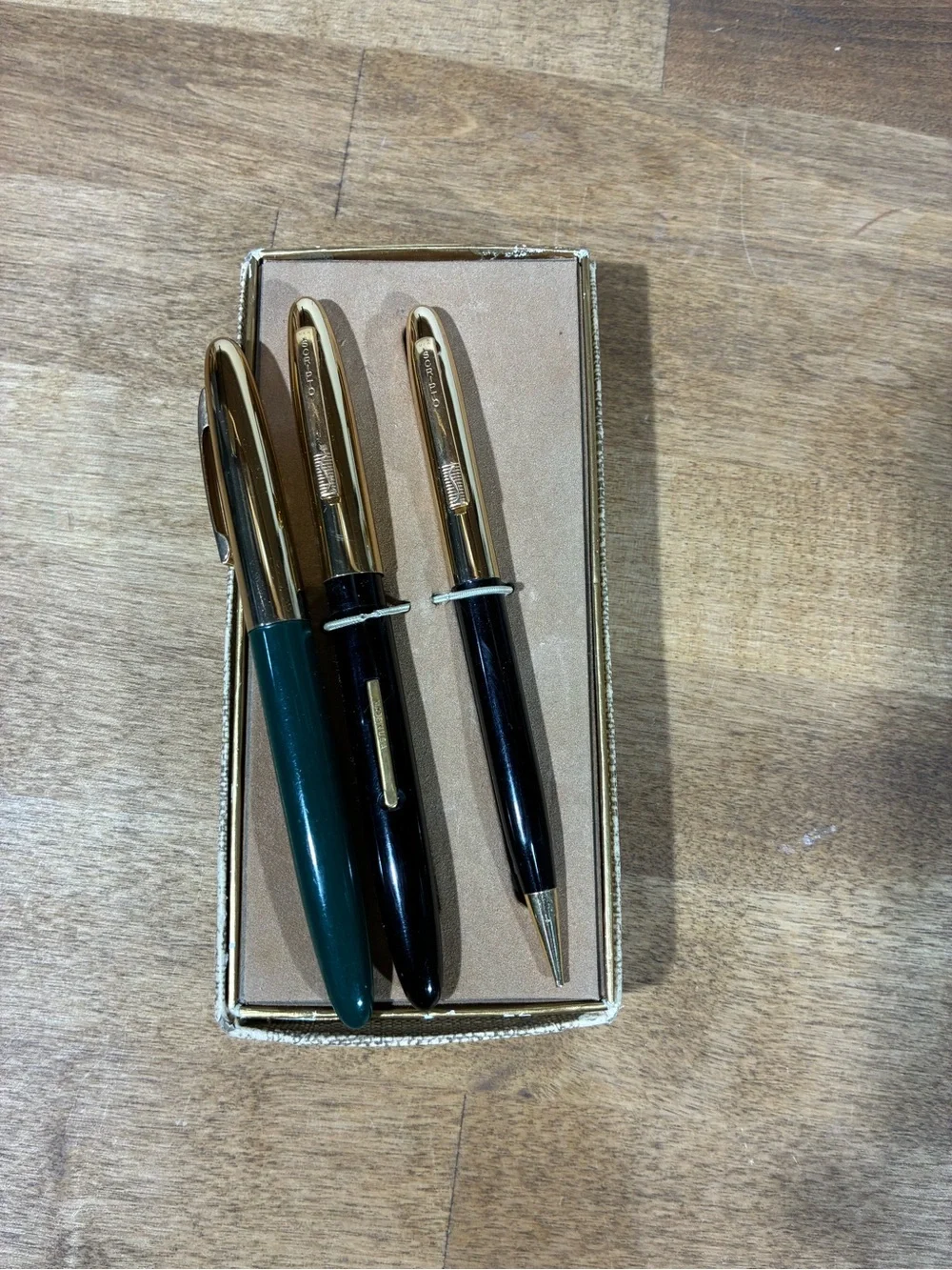 Vintage Scripto Fountain Pen Mechanical Pencil Set Black Green Original Box
